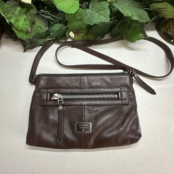 Fossil Handbags - Fossil Brown Leather Crossbody Bag With Front Zip Pocket & Adjustable Strap
